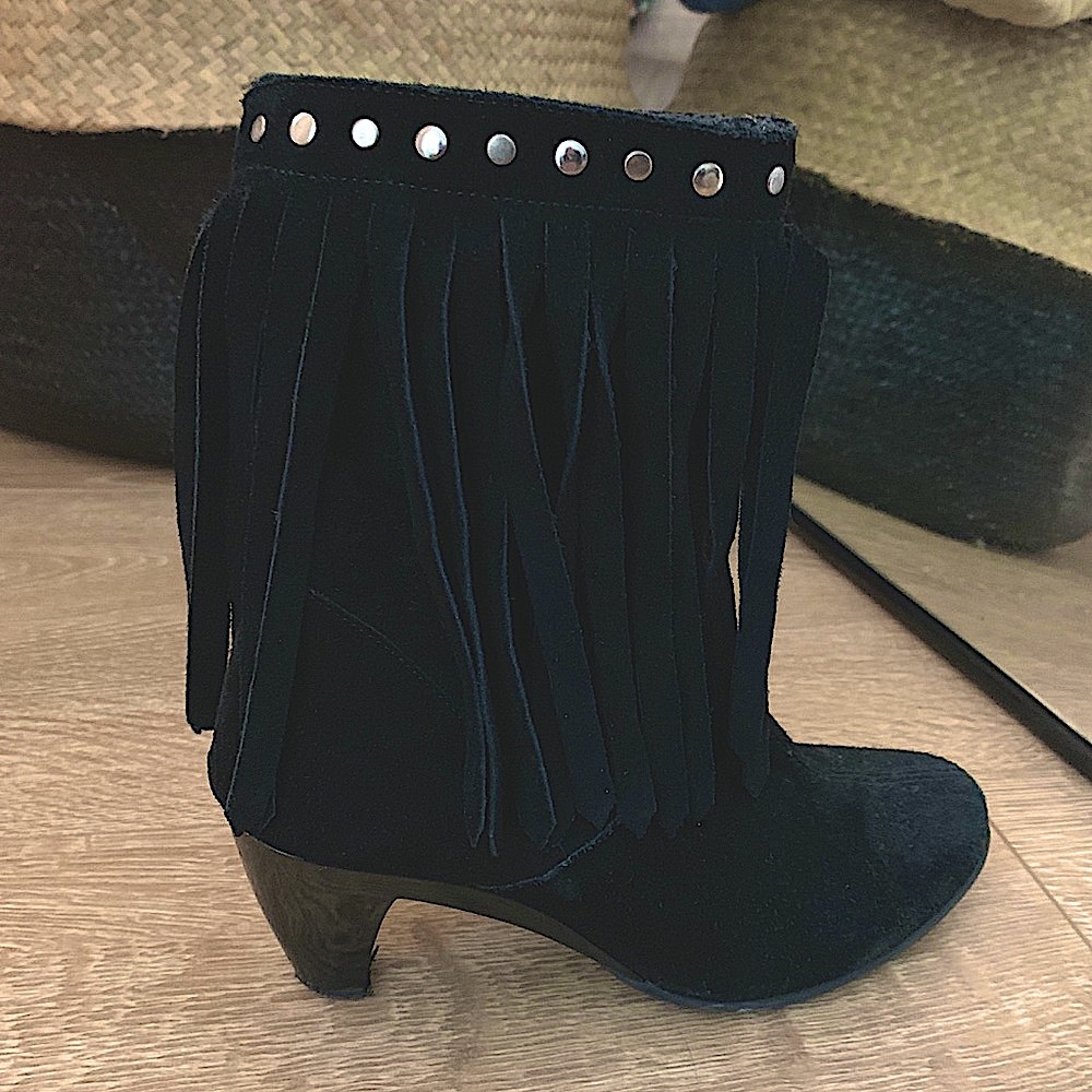 Suede mid-rise studded fringe bootie